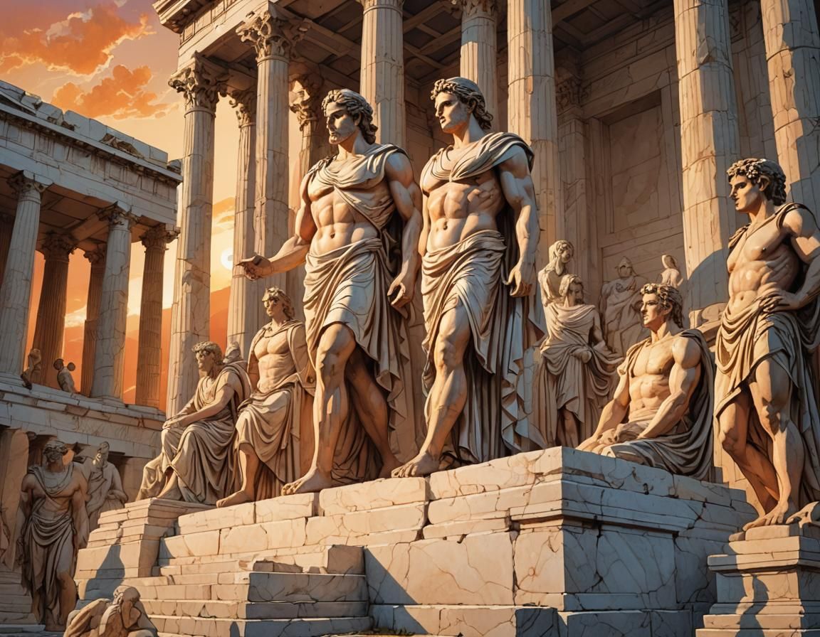 Ancient Greece Temples and Statues in Comic Book Style