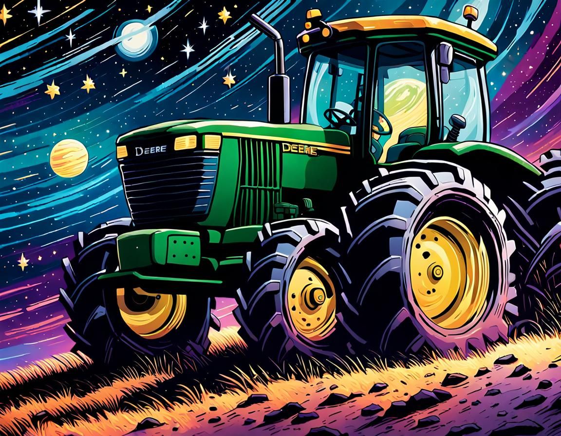 John Deere Tractor Soaring Through Space in Comic Art