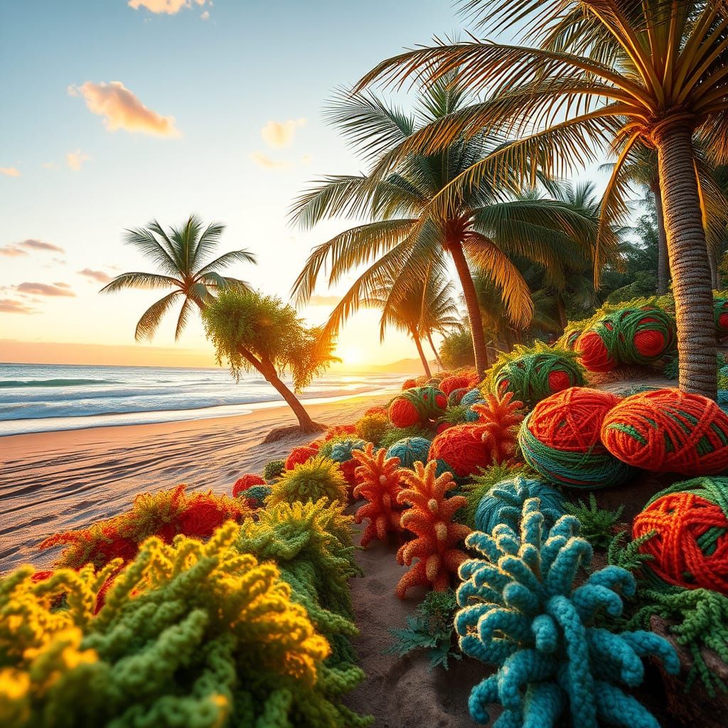 Yarn Vegetation Beach Sunrise in Hyper-realistic Style
