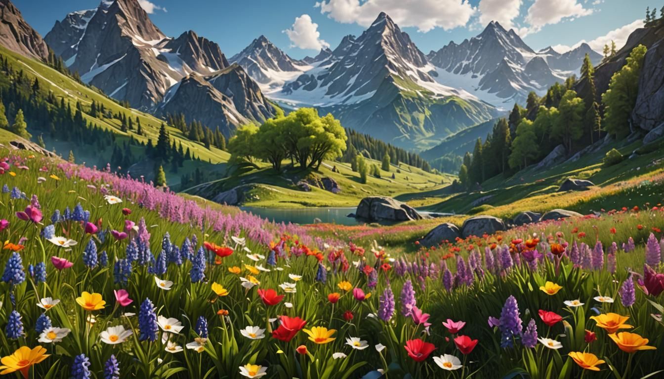 Colorful Flowery Meadow with Mountain Peaks
