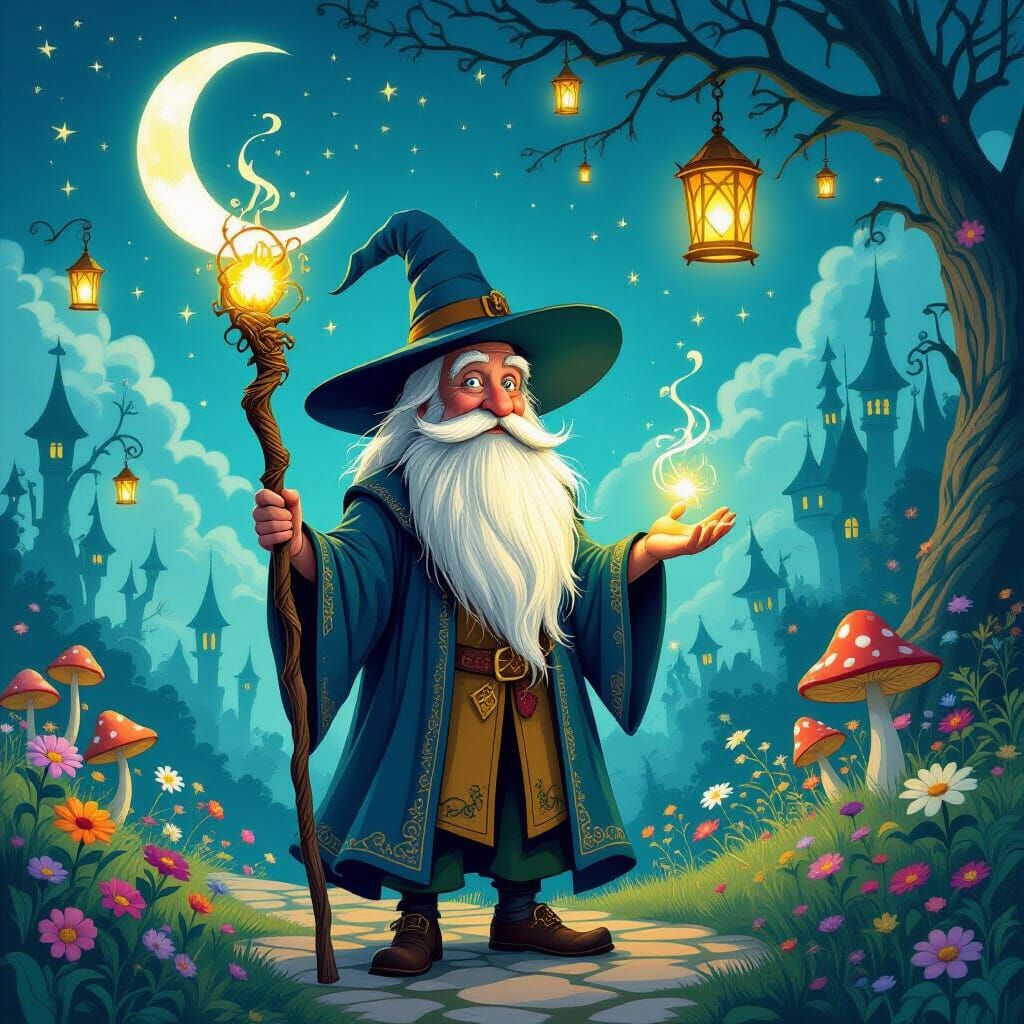 Wise Wizard in Surreal Wonderland Landscape