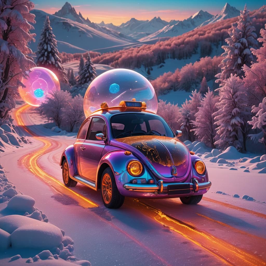 Neon Bubble Car on Frozen Orange Road