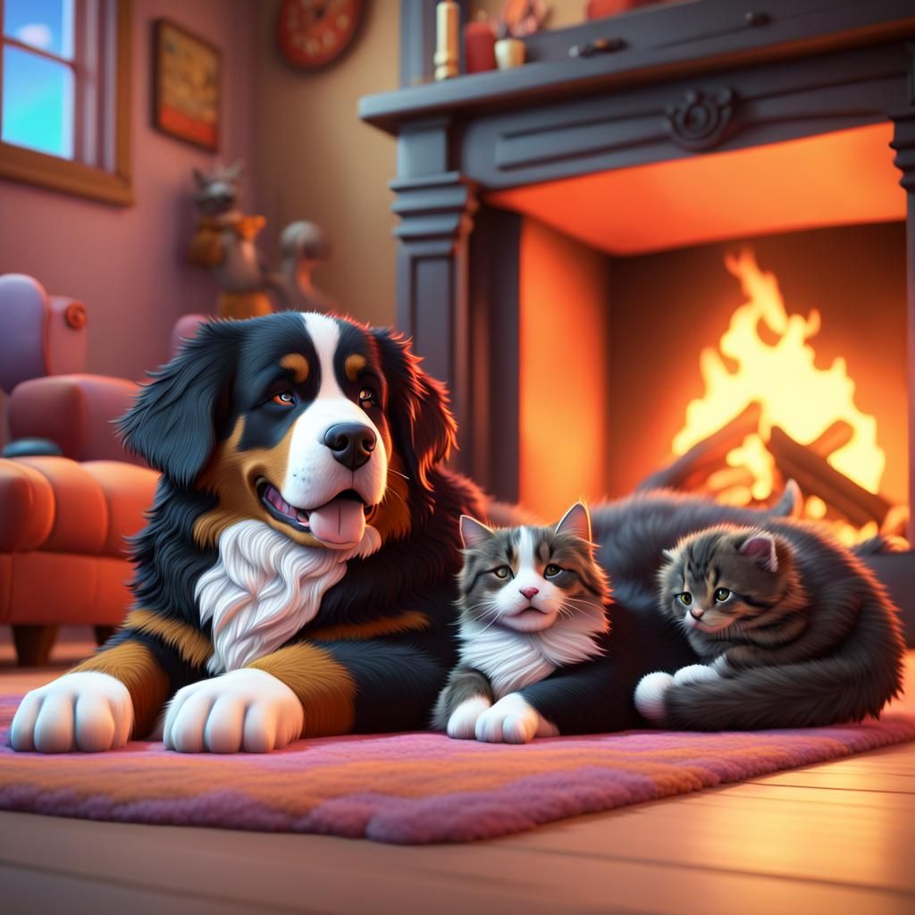 Bernese Mountain Dog and Kitten Nap: Pixar Style