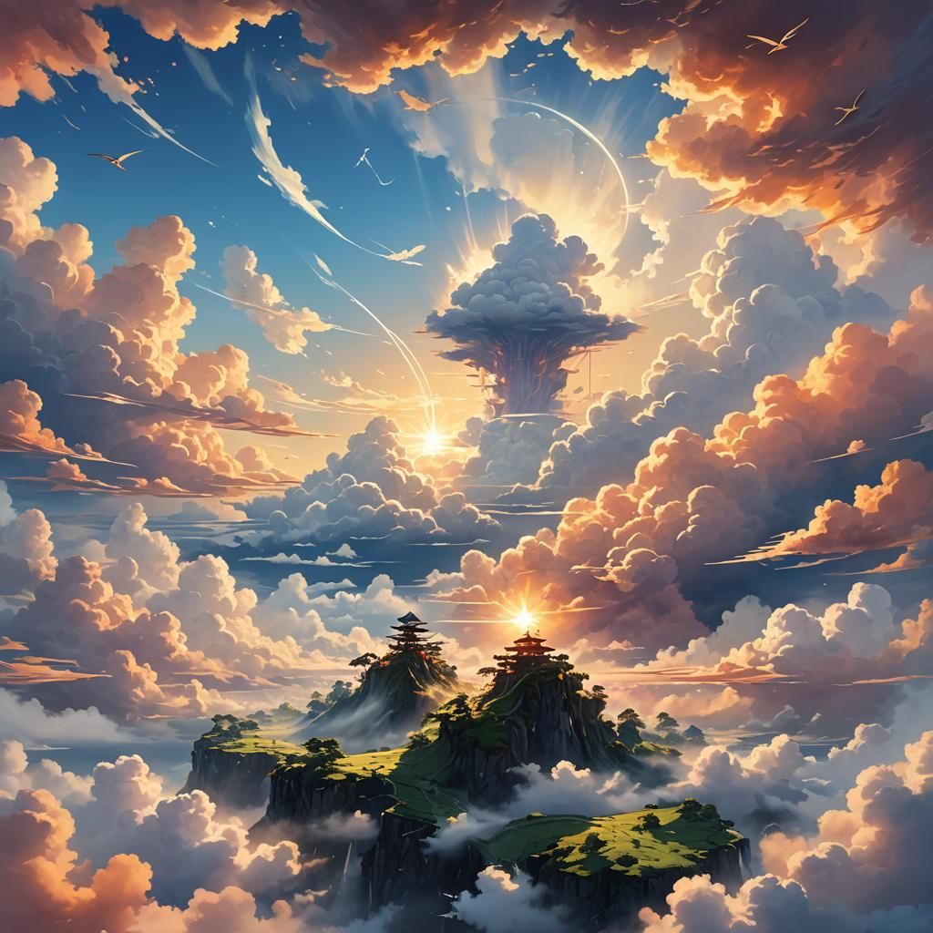 Winged Sky Island in Anime Style Concept Art