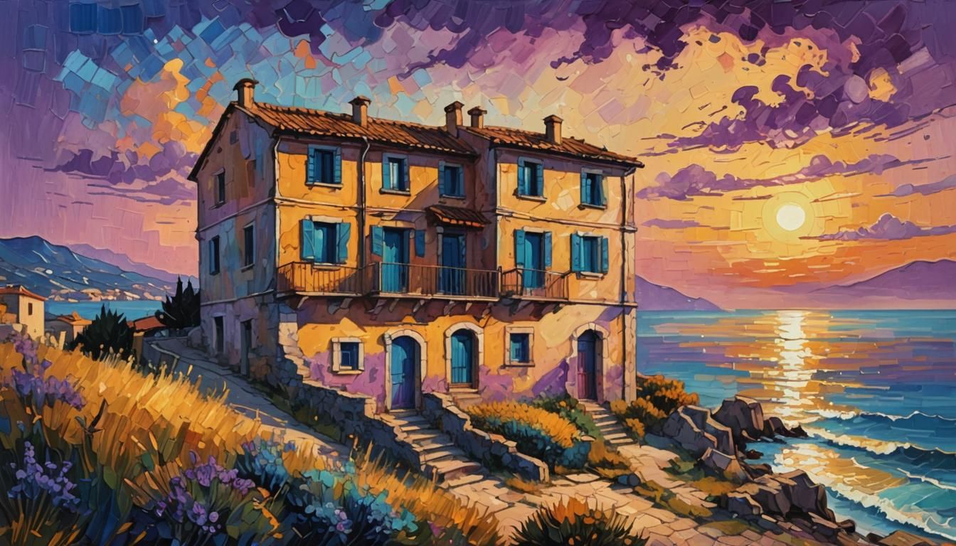 Italian Seaside House in Impressionist Style