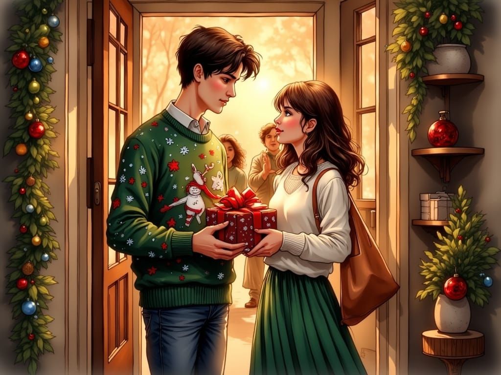College Couple Exchanging Gifts in Festive Home