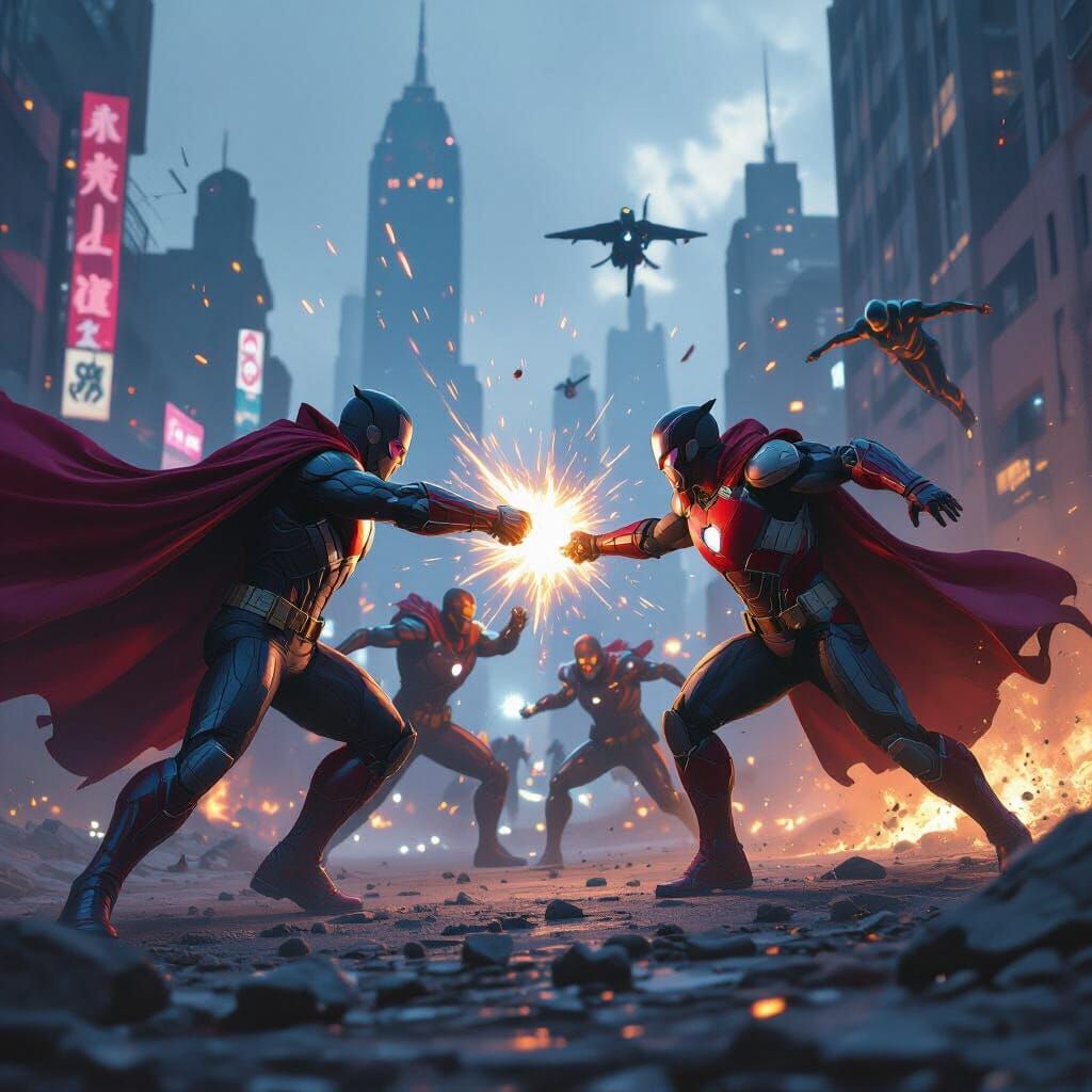 Avengers Battle in Dystopian City, Dramatic Lighting