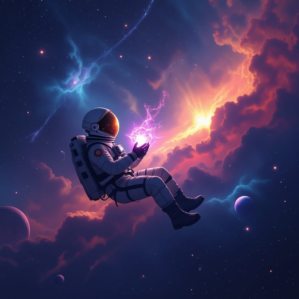 Astronaut Adrift in Cosmic Nebula with Glowing Artifact