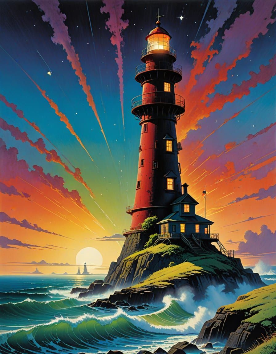 Vibrant Lighthouse Scene in Psychedelic Style