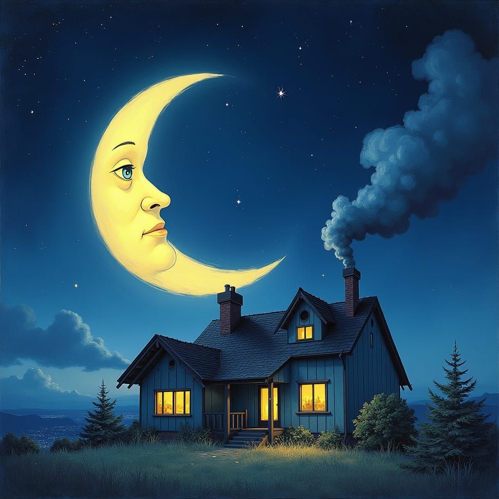 A house on a smiling crescent moon. Stary night