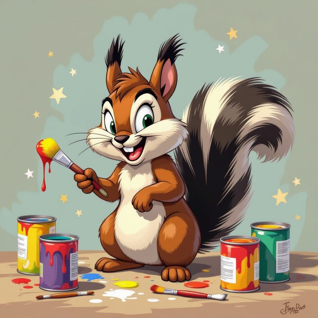 Squirrel Paints Himself as Skunk in Cartoon Style