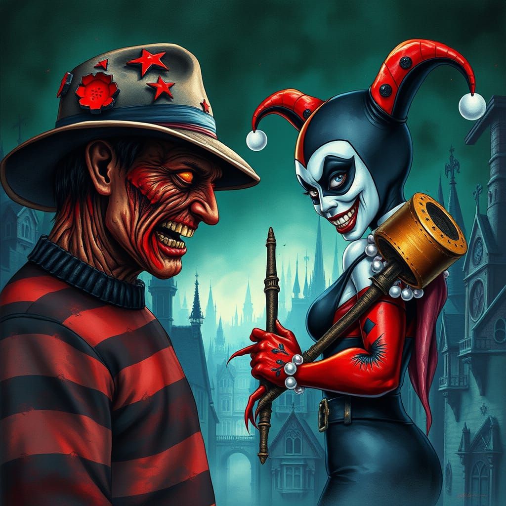 Surrealist Nightmare of Freddy Kruger and Harley Quinn