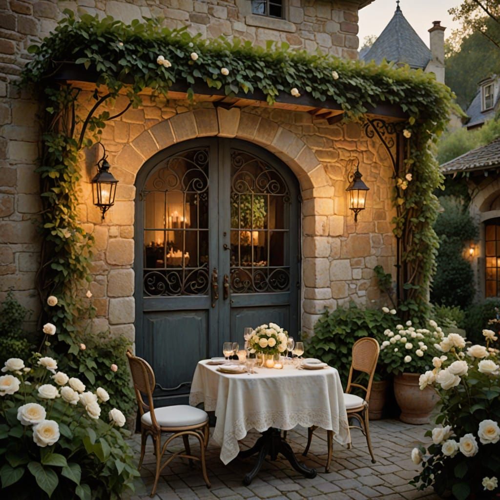 Romantic French Country Patio at Dusk in Impressionist Style