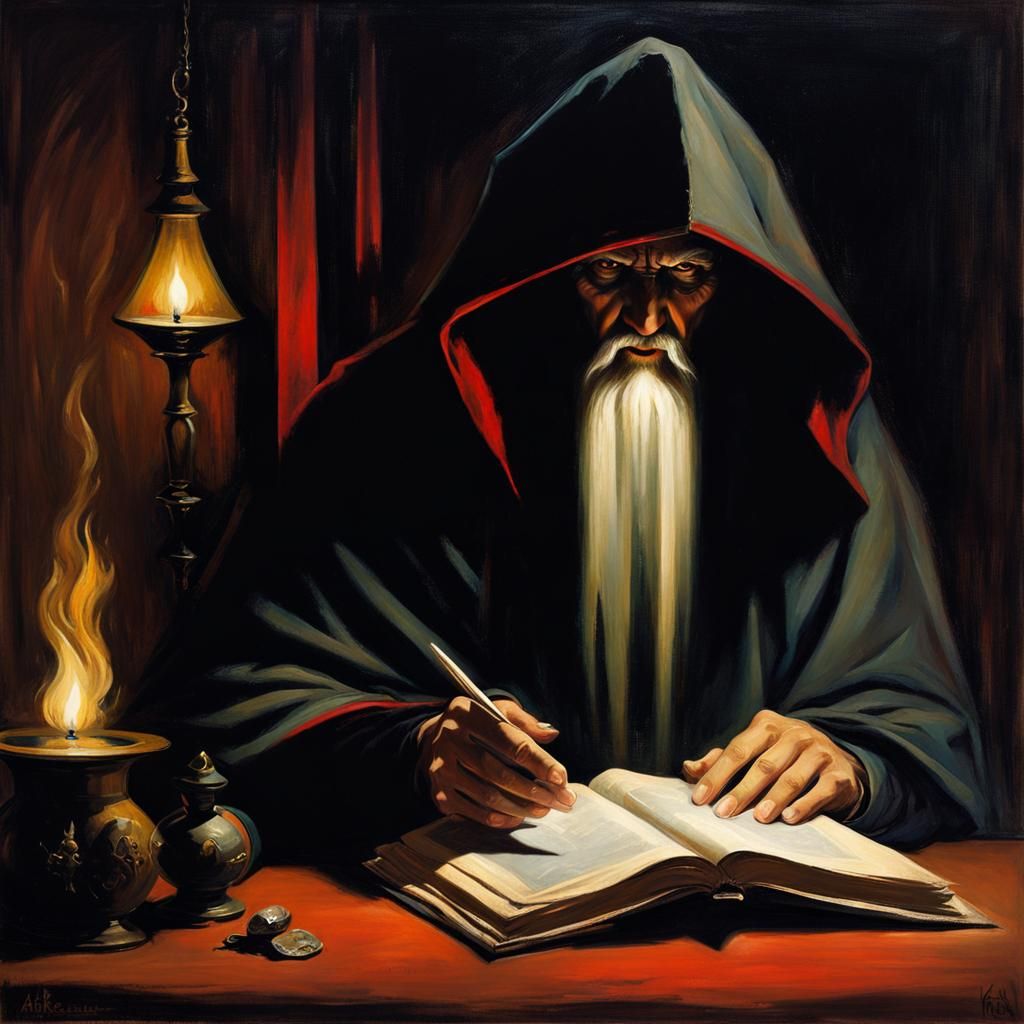 Sinister Warlock Reading Grimoire by Candlelight