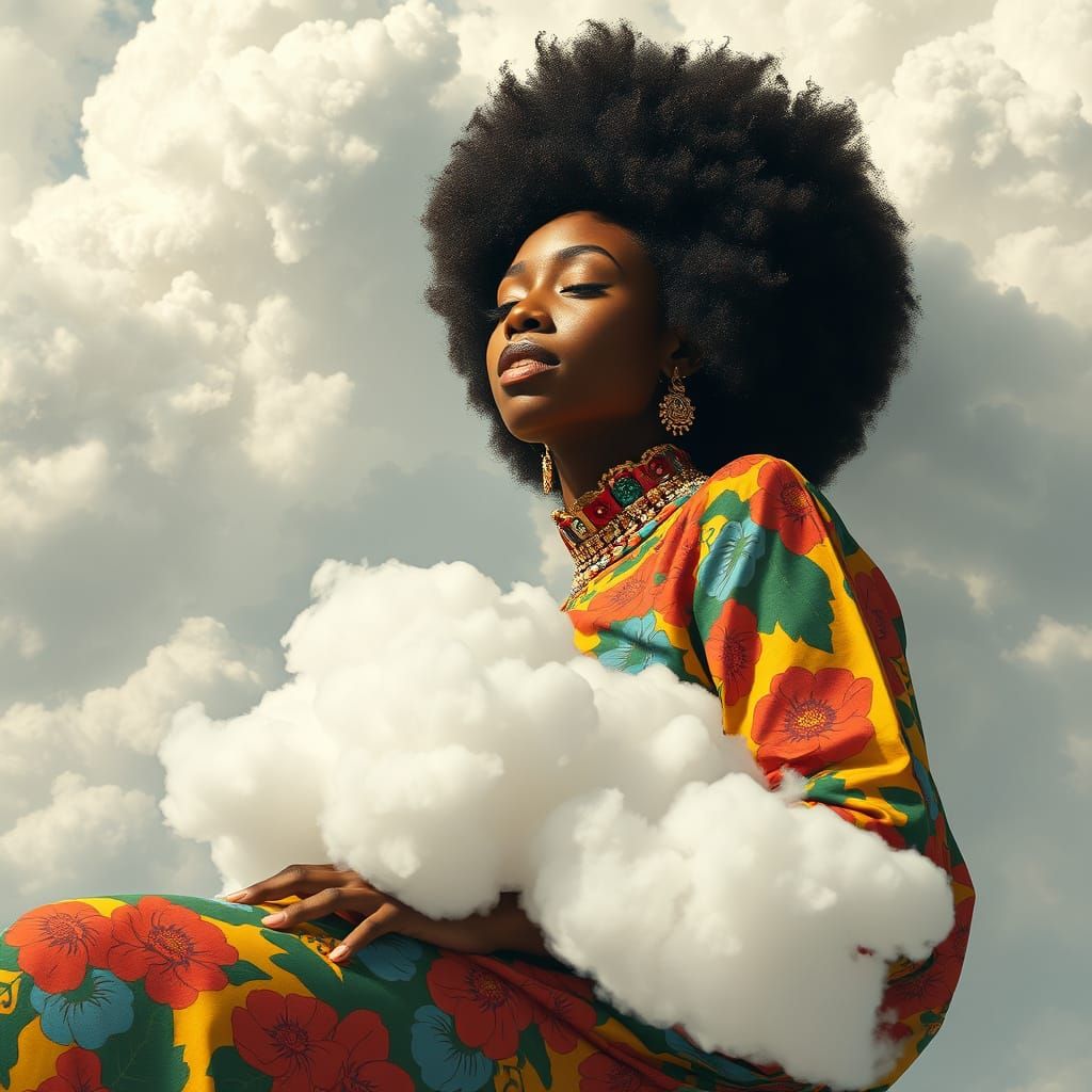 Woman in Afro-Surrealist Dreamscape with Clouds