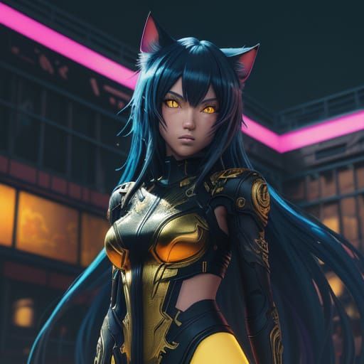 Vibrant Anime Neko Girl in a Neon-Lit Cityscape