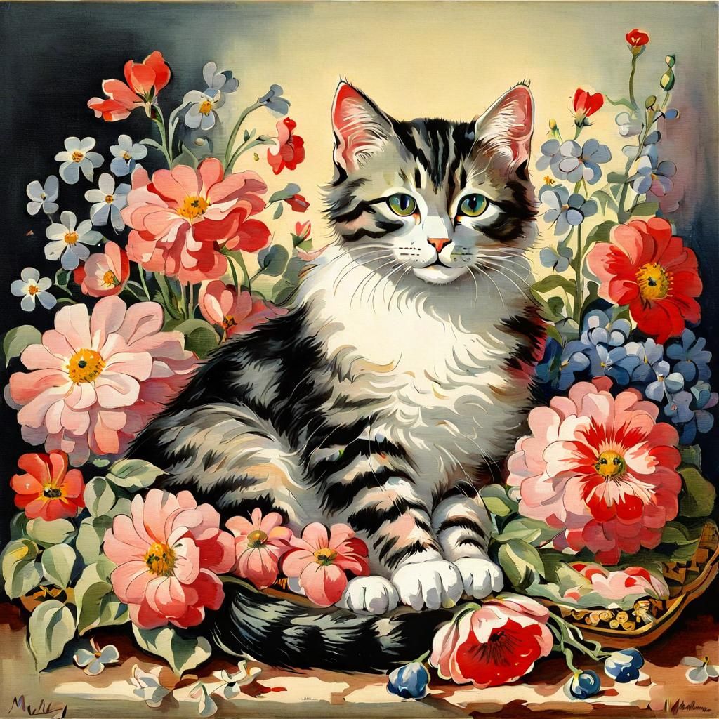 Cute Cat Surrounded by Flowers in Expressionist Style