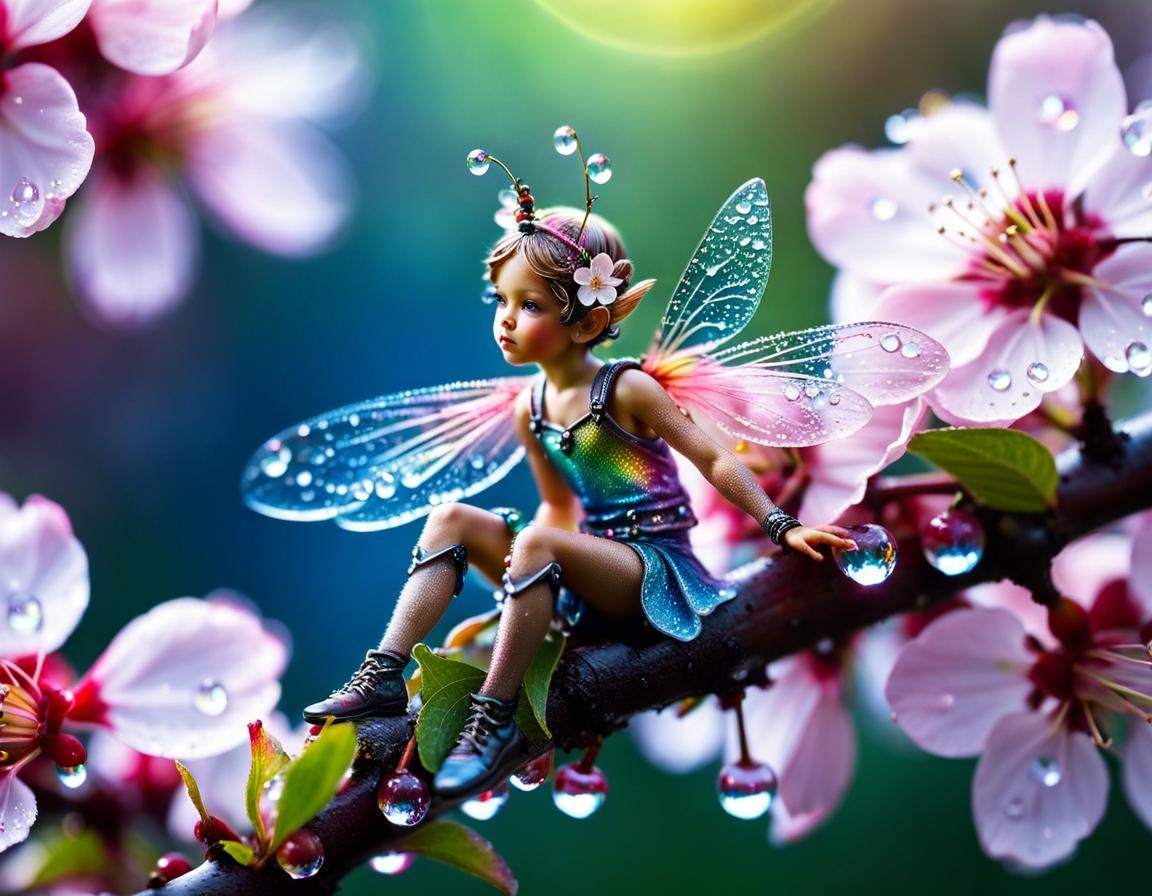 Fairy on Cherry Blossom in Rainbowcore Style