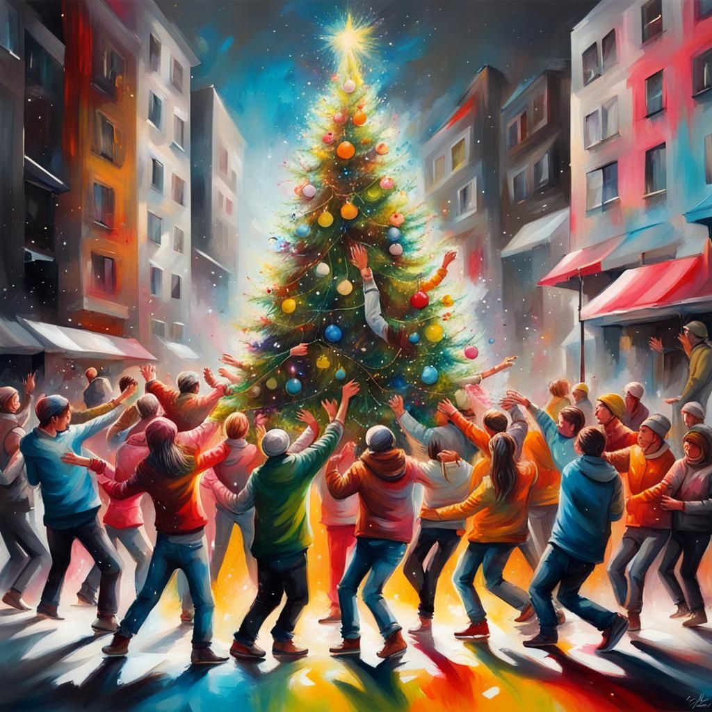 Festive Graffiti Art: People Dancing Around Christmas Tree