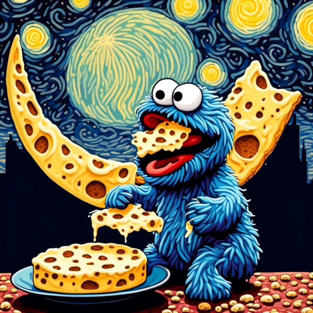 Cookie Monster Eats Cheese Moon in Van Gogh Style