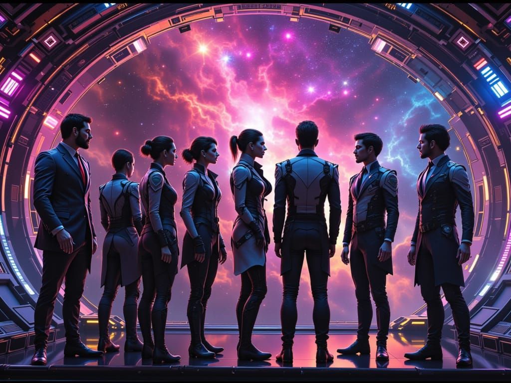 Diverse Space Crew on Starship Bridge Viewing Nebula