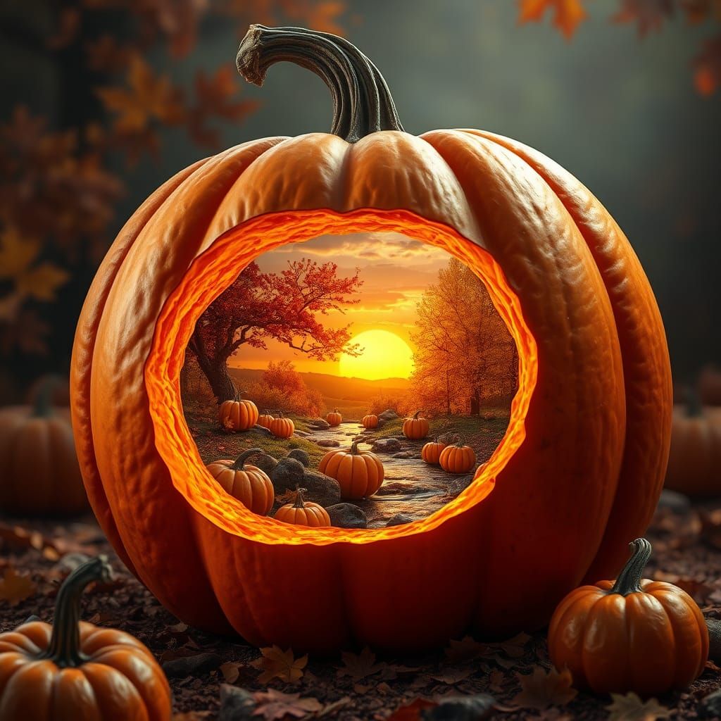 Autumn Landscape Inside a Pumpkin, Hyperrealistic Art