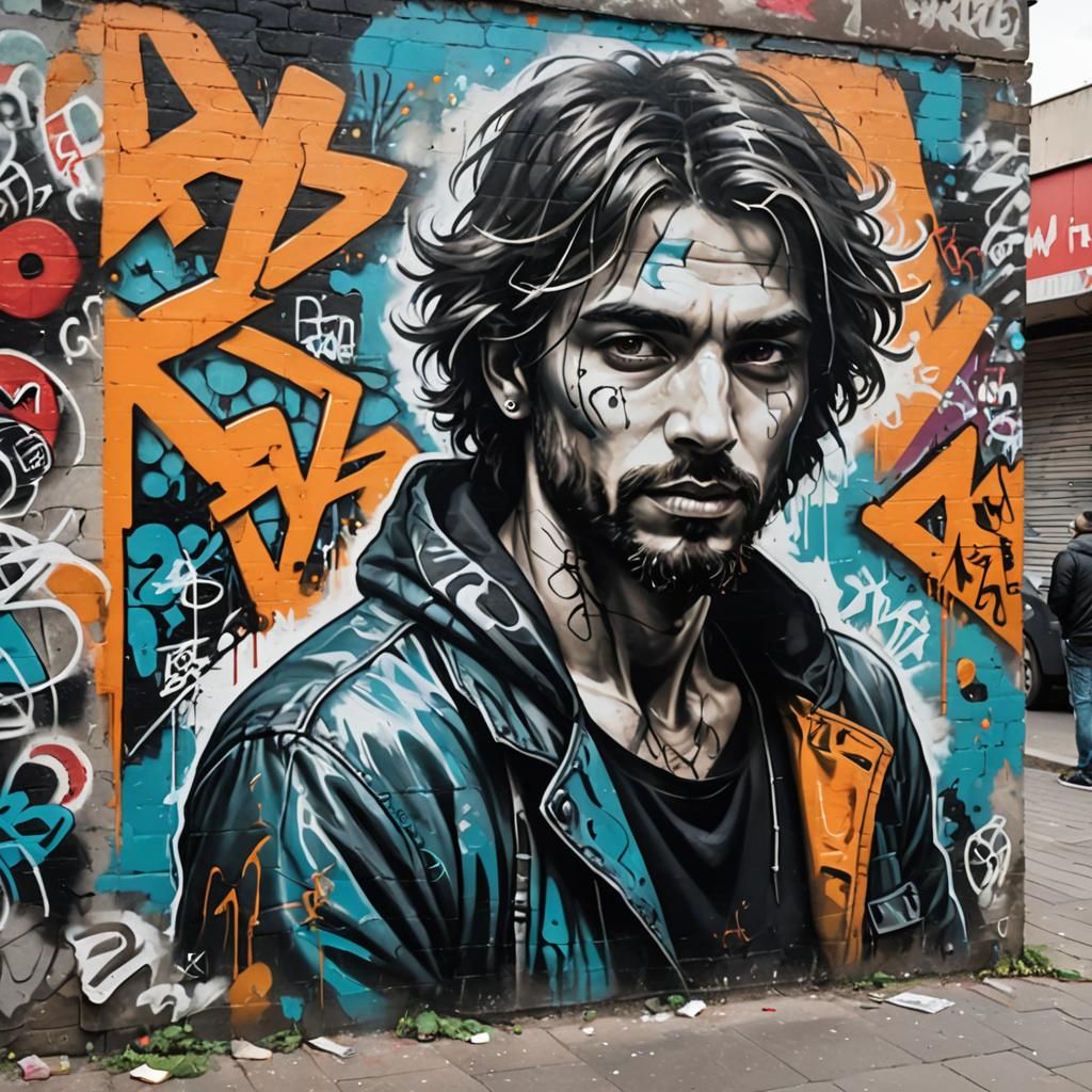 The sensual graffiti painting of a gorgeous male vagrant in street art style