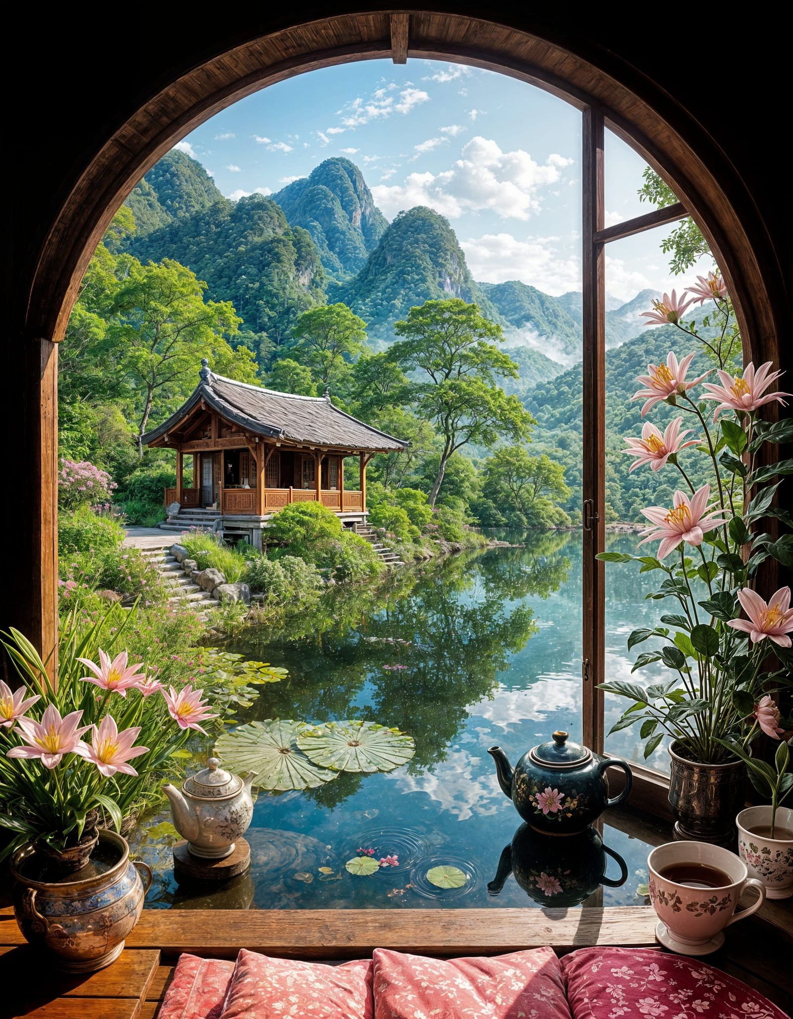 Serene Lakeside Village Through a Circular Window