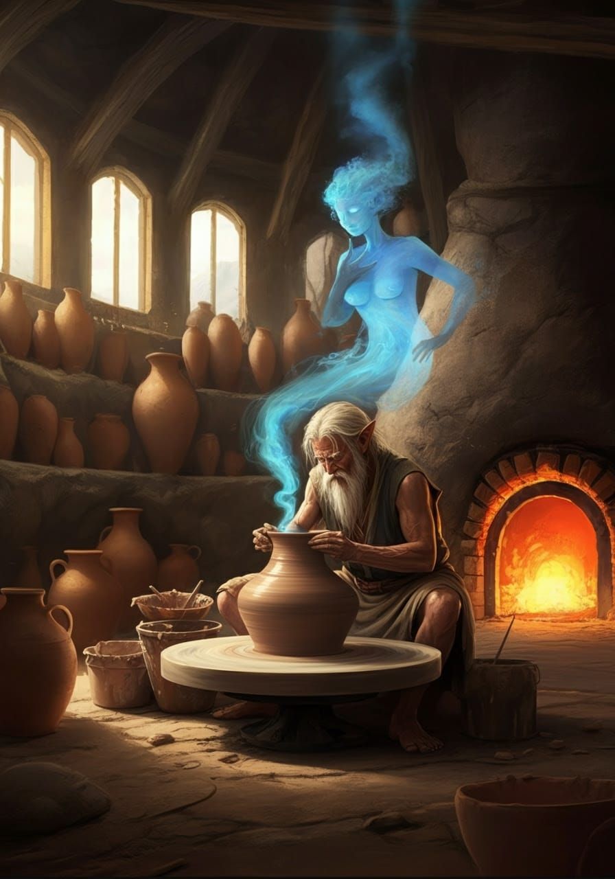 Ancient Pottery Craftsman Unleashes Mystical Blue Genie
