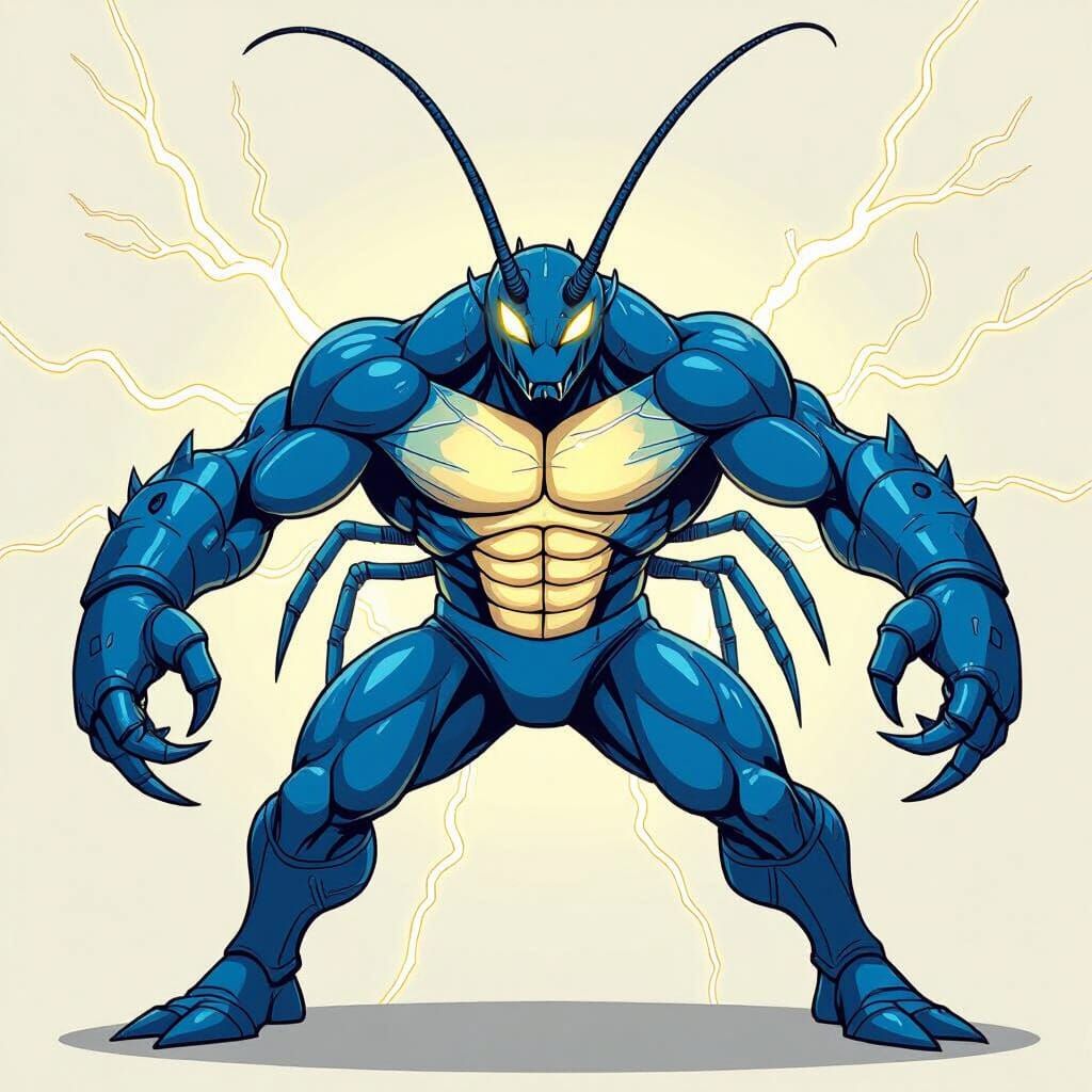 Blue Lobster Fighter With Electric Energy, Comic Style