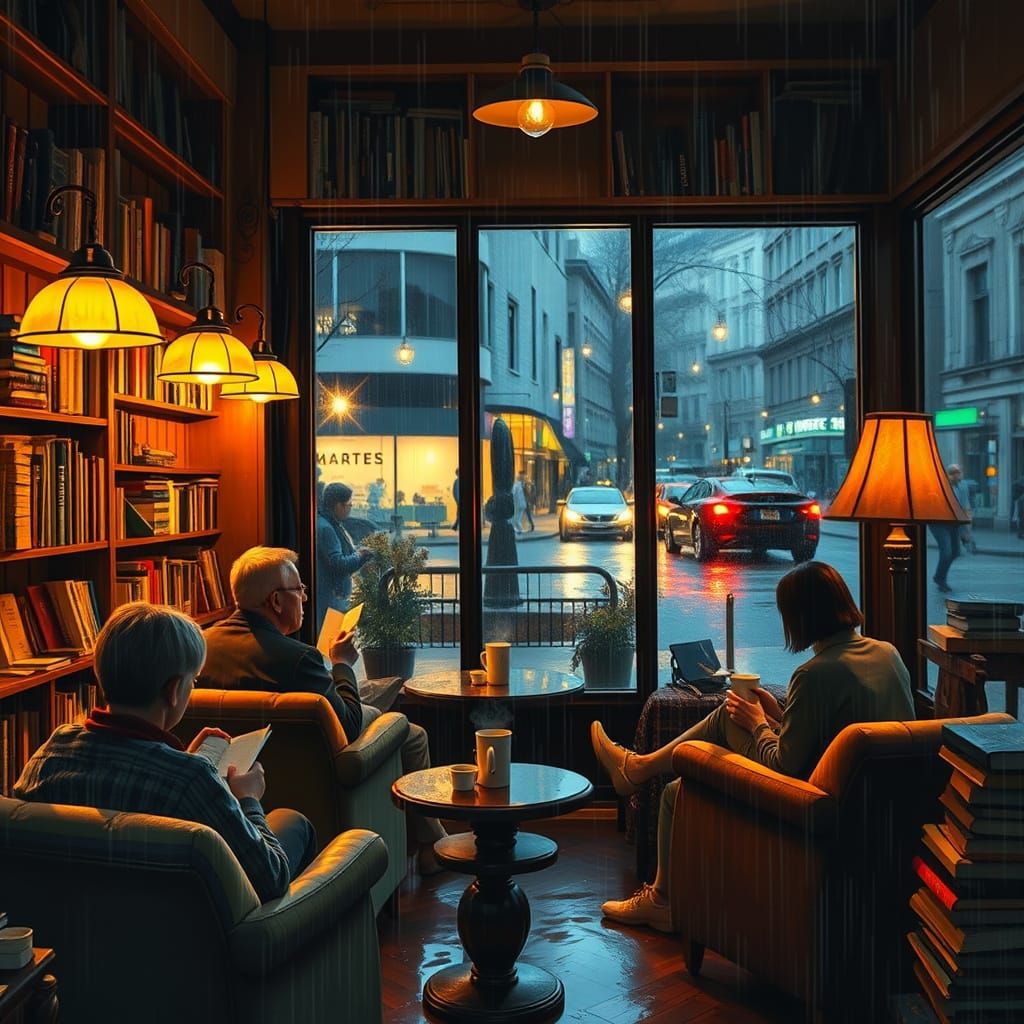 Warmth Amidst Rainy Nights: A Cozy Bookstore Cafe