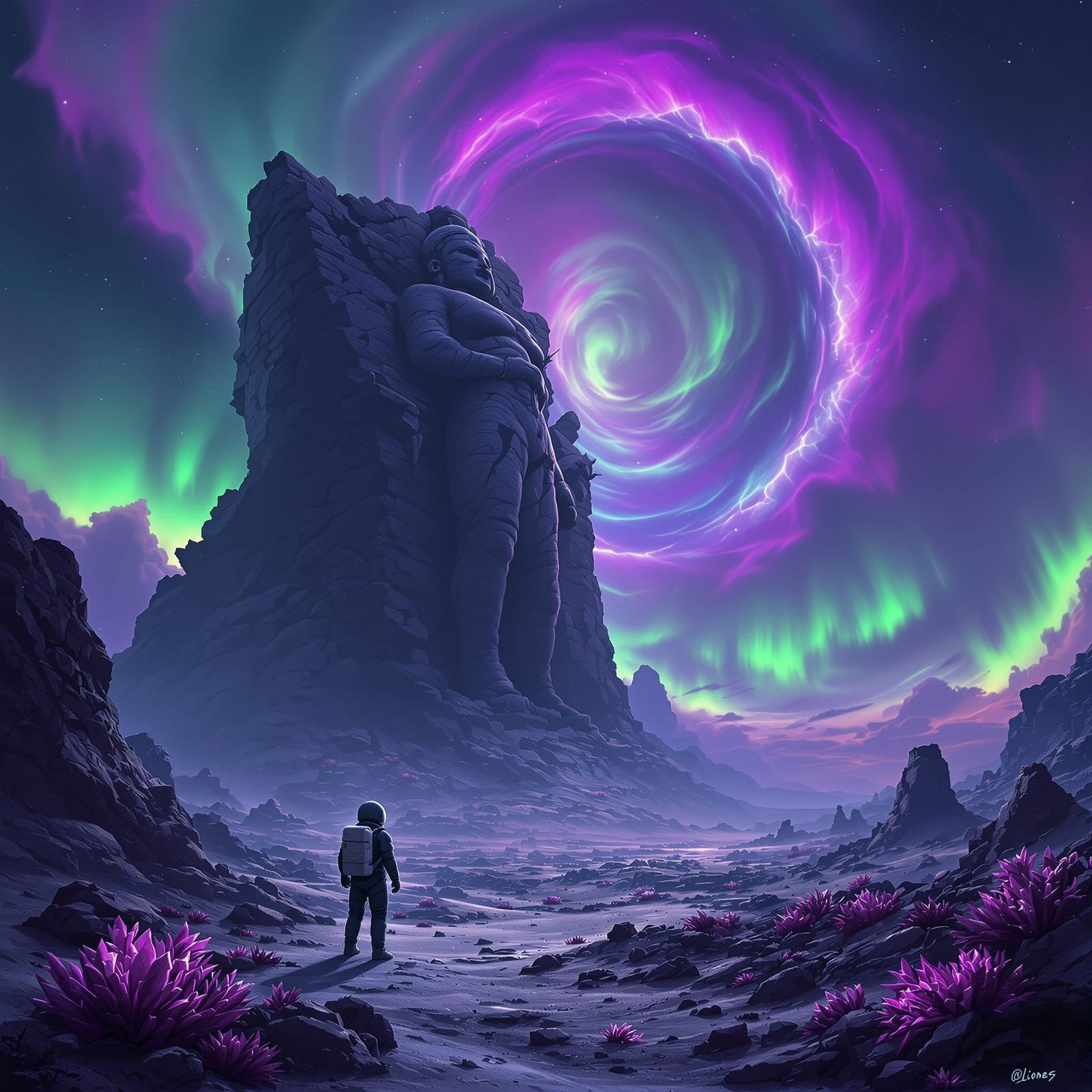 Astronaut Gazes at Crumbling Deity Statue on Alien Planet