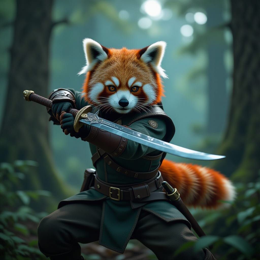 Red Panda Ranger with Scimitar in Fantasy Forest