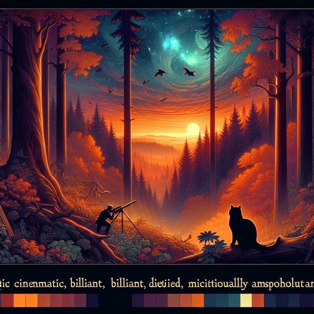 Black Cat in Forest: Art Nouveau Digital Painting