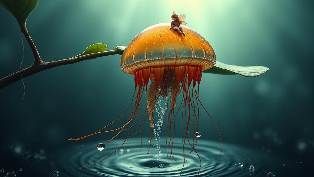 Fairy Girl Riding Jellyfish in Waterdrop