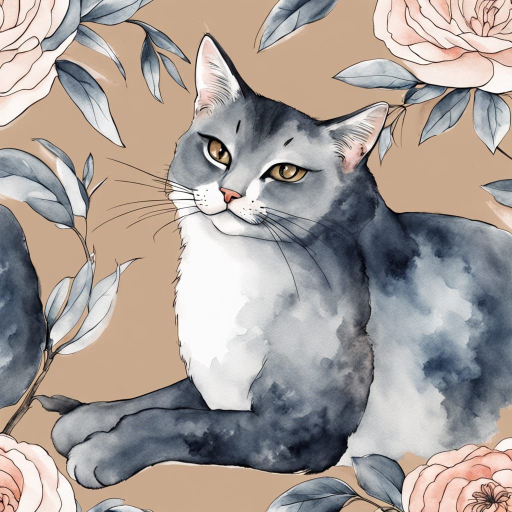 Tuschezeichnung Katze und Blumen im Japanischen Stil