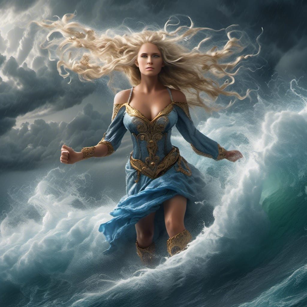 Woman Surfing a Storm in Unreal Engine 5 Style