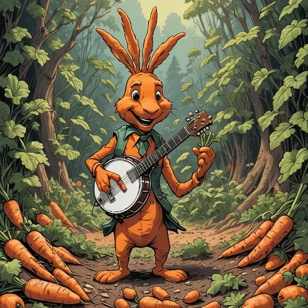 Anthropomorphic Carrot Plays Banjo in Comic Book Art