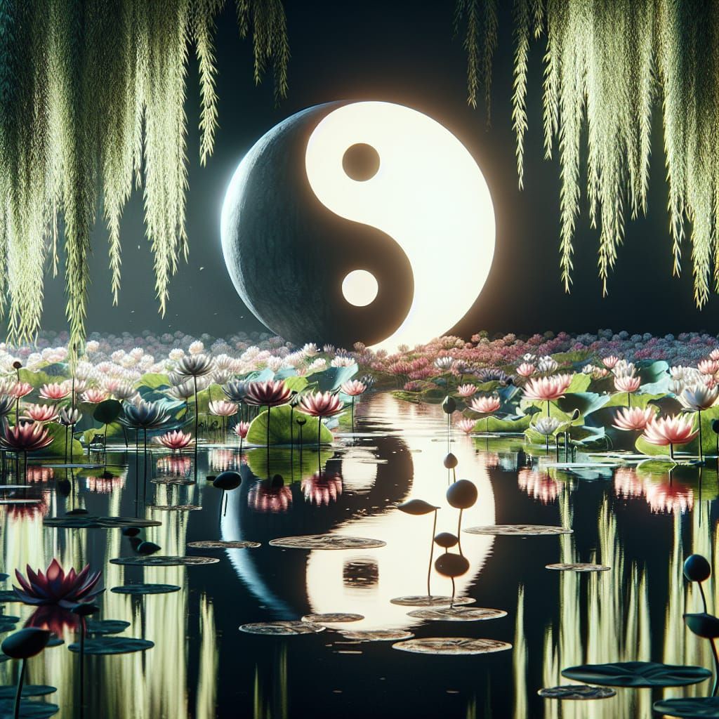 Lotus Yin Yang in Tranquil Pond: CGI Masterpiece