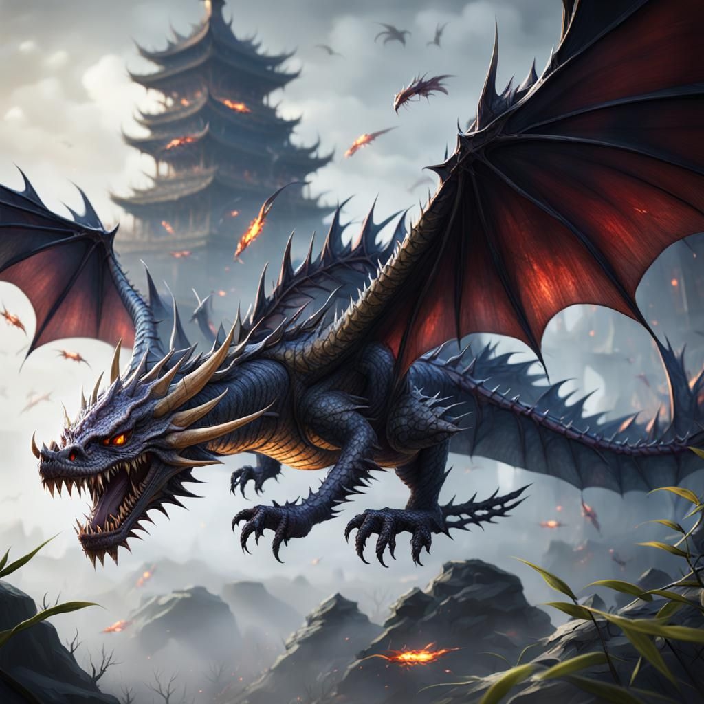 Demonic Bamboo Dragon with Sharp Teeth, Matte Painting