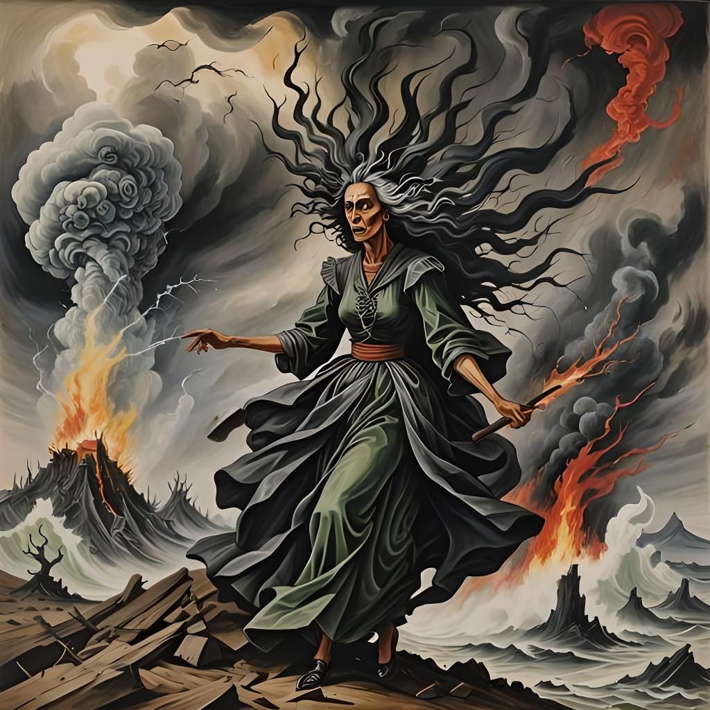 Surreal Battlefield Witch Pyromancer in Gouache Style