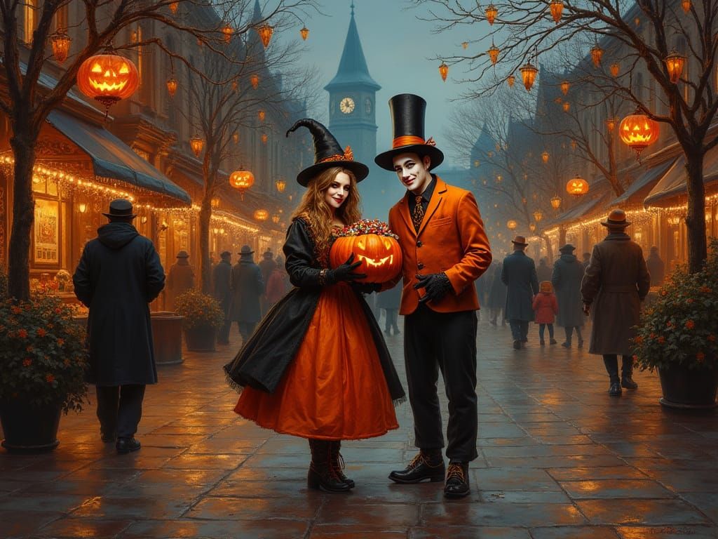 Halloween Town Square Oil Painting with Mimes
