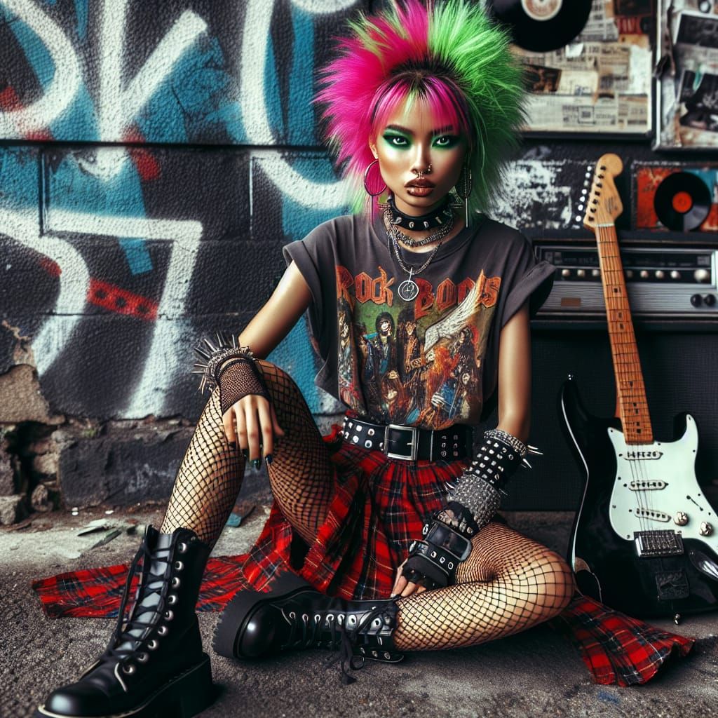 A rebellious punk female with bright neon green and hot pink hair, sitting confidently on a graffiti-covered wall beside...