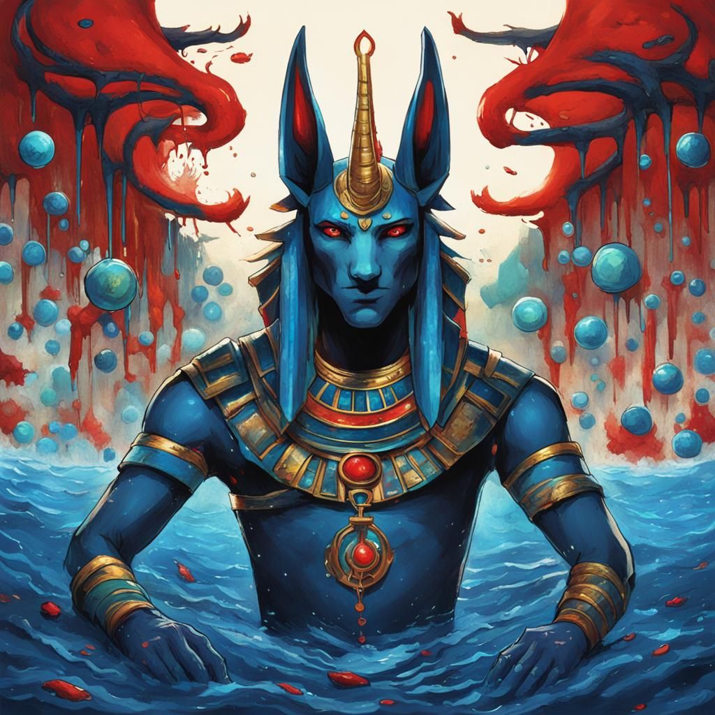 there is a girl that has blue makeup on her face::20 anubis:...