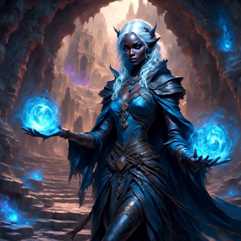 Drow Mage Casting Spell in Underground Cavern