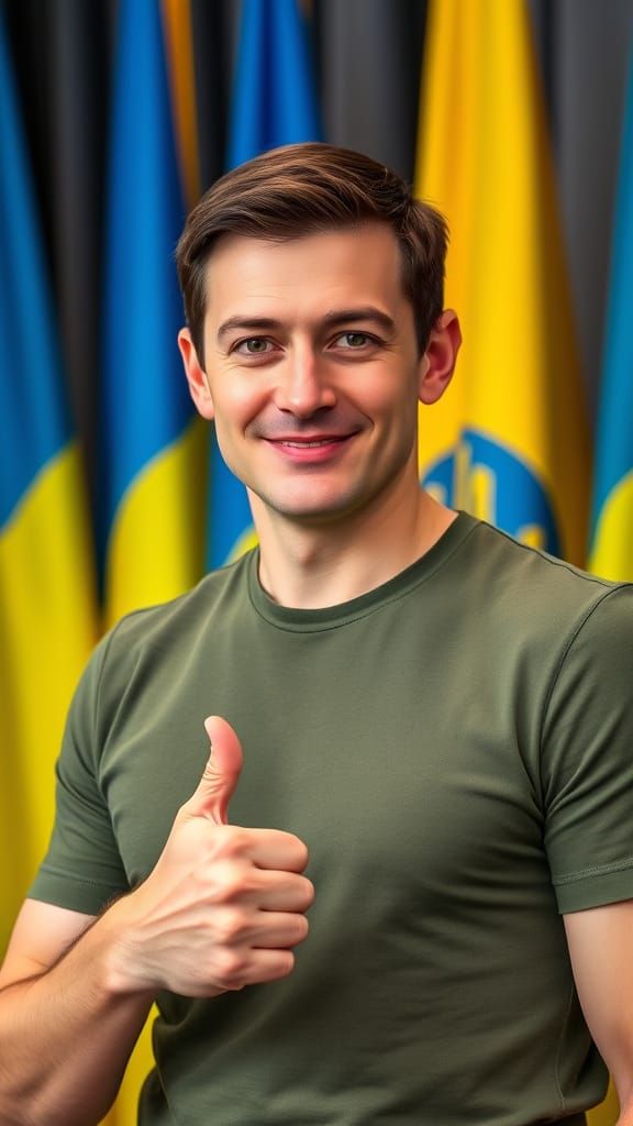 A photorealistic front-facing camera shot of Ukrainian Presi...