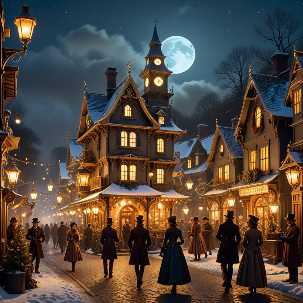 Steampunk Christmas Village under Starry Night
