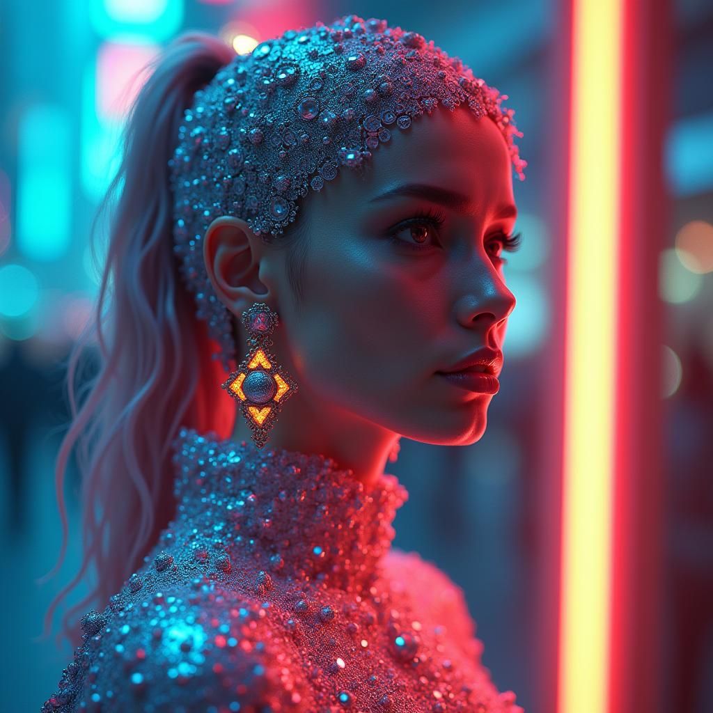 Futuristic Woman in Iridescent Cyberpunk Attire