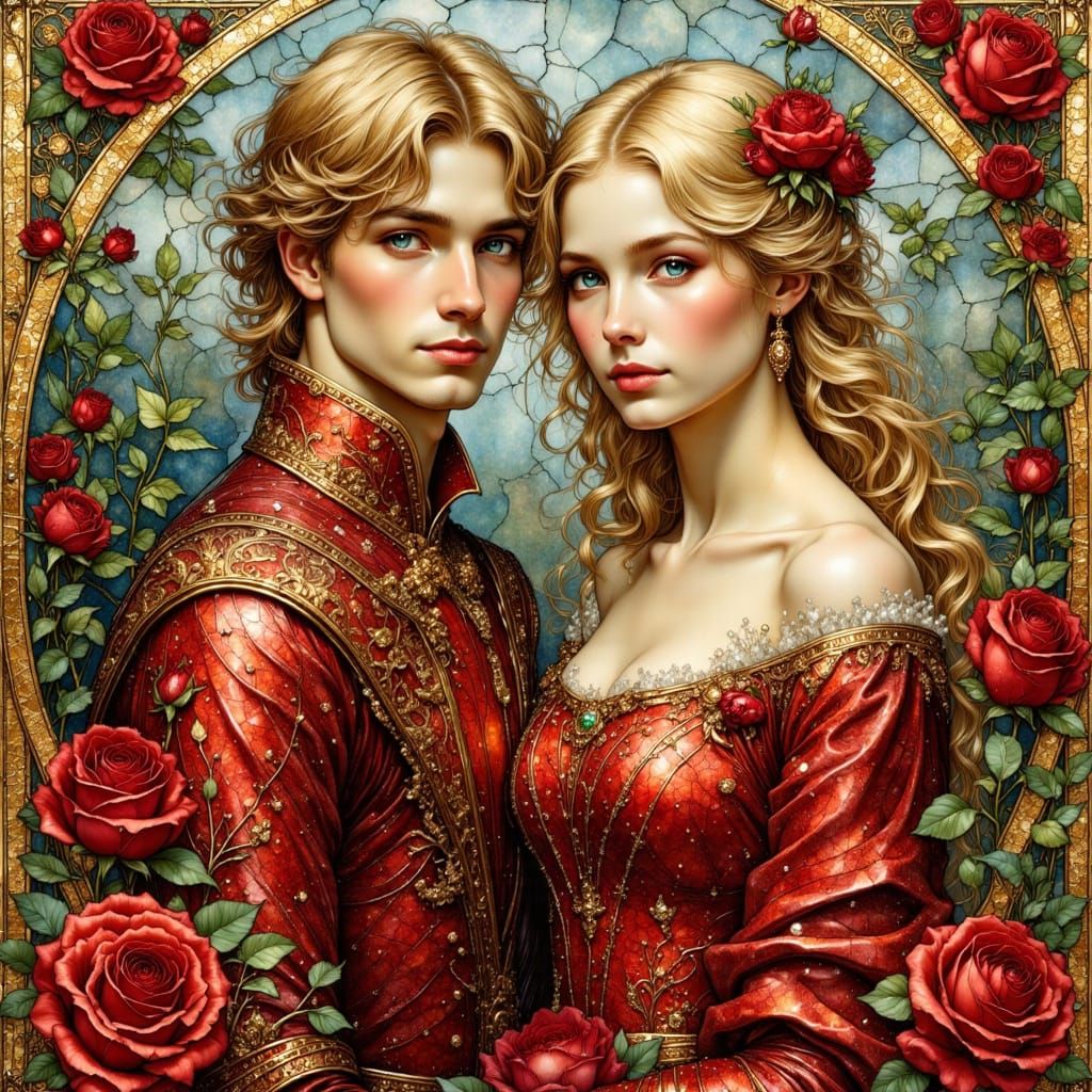 Medieval Lovers in Rose Garden: Art Nouveau Portrait
