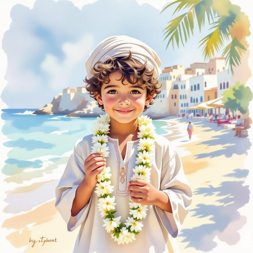 Tunisian Boy with Jasmine: Watercolor Postcard
